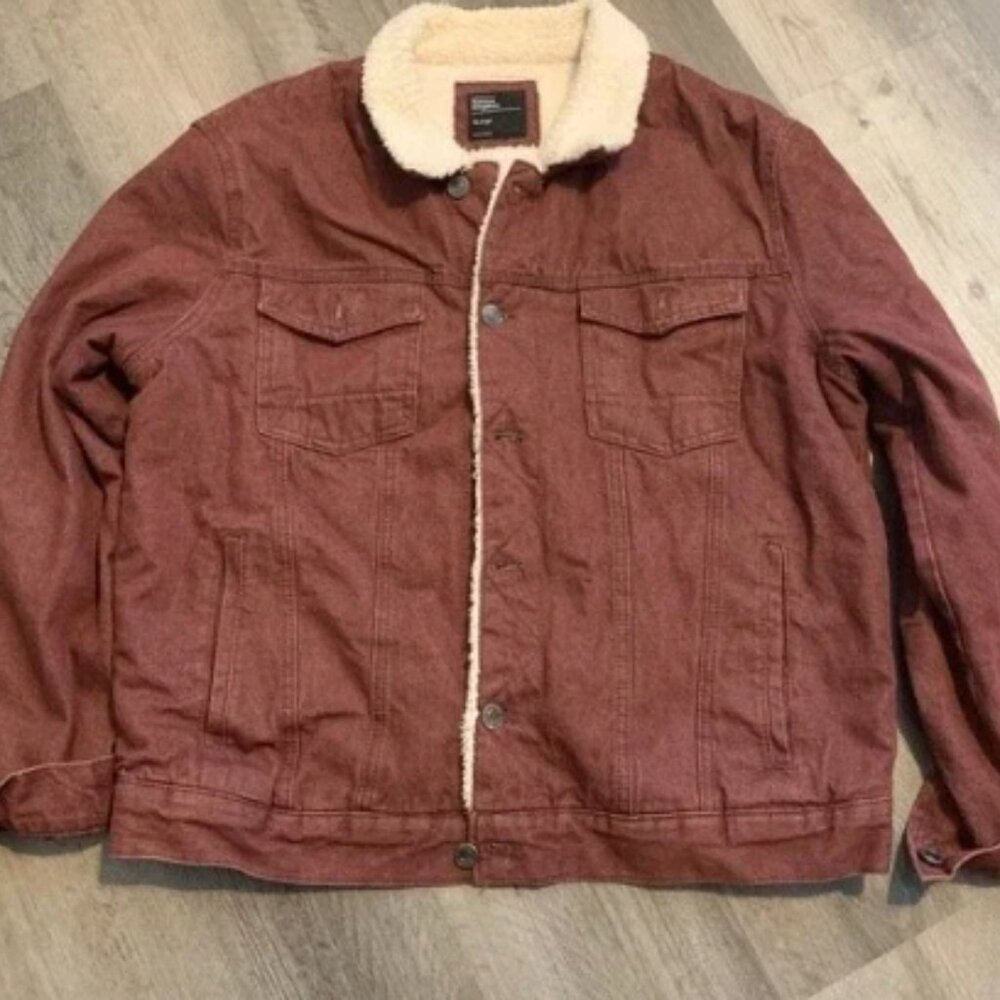 Sunrise Kingdom Men’s Sherpa Lined Denim Jacket XL Maroon Corduroy Trucker Coat